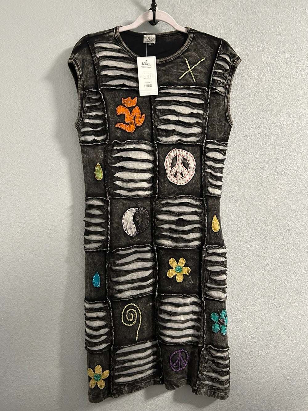 Rhea Vented Cotton Symbols Dress Size XL Black Hippie Patchwork Boho